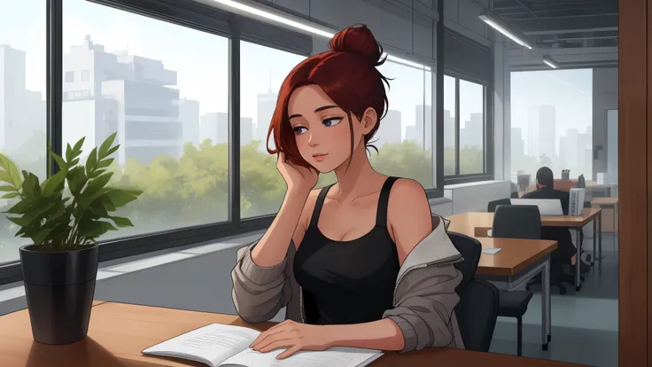 "A young adult woman sits at her desk, immersed in work on her laptop. She has auburn hair tied into a loose messy bun with subtle dark purple accents, strands framing her face naturally. She is dressed in a casual yet stylish outfit: a fitted white tank t...