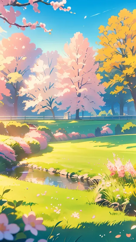 ((high quality)), ((masterpiece)), ((highly detailed)), A tranquil scene of a vast green meadow bordered by rows of cherry blossom trees in full bloom. The soft pink petals gently fall onto the lush grass, creating a delicate carpet of color. In the backgr...