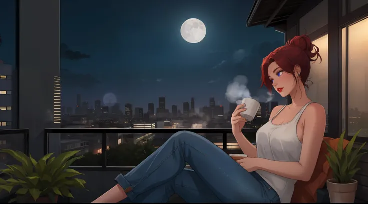 "A serene and confident woman sits on a rooftop at night, her auburn hair tied in a relaxed messy bun with subtle purple streaks framing her face. Her piercing blue eyes glow faintly under the soft illumination of a bright full moon, and her naturally red ...