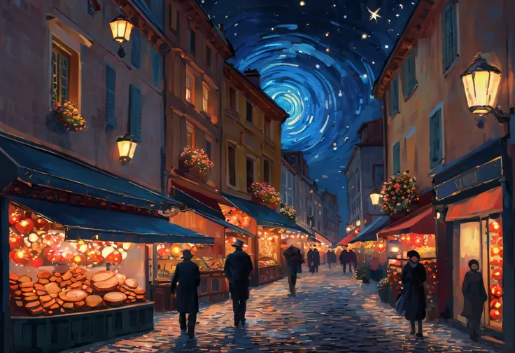 "An oil painting in the style of Vincent van Gogh, depicting a lively European night market under a dramatic swirling starry sky. The cobblestone street reflects the soft glow of scattered warm lanterns, which are spaced out naturally to provide a gentle, ...