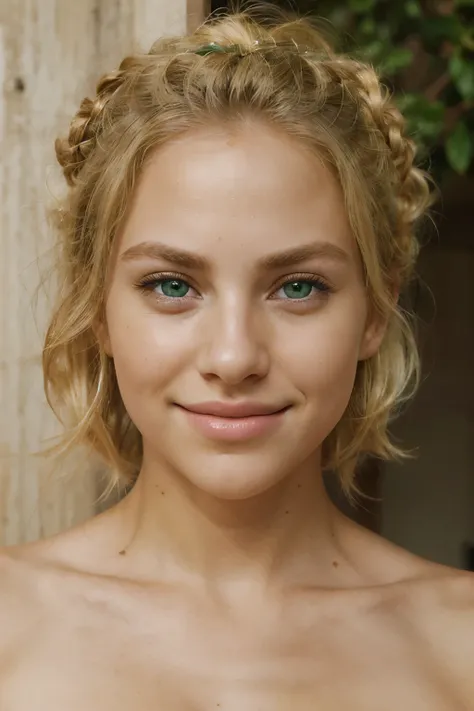 (((front view))) ,portrait ,looking at viewer, (beautiful green eyes, beautiful lips), ((Beautiful blonde hair)) textured skin , HI detailed skin, (anatomically correct,  super detail, high details) top knot, smiling into camera