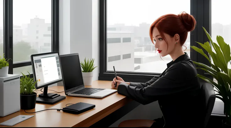 "A strikingly elegant woman sits in a modern industrial workspace, her posture poised yet relaxed as she works intently on her laptop. Her auburn hair is tied into a loose messy bun, with delicate strands of dark blonde streaks framing her face. Her pierci...