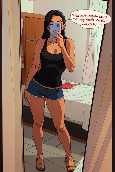 there is a woman taking a selfie in a mirror, 2  female model, sexy look, sexy :8, 30-year-old woman from cuba, 1614572159, tight black tank top and shorts, she is about 20 years old, she is about 2 0 years old, full body pictureHD,young people, cartoons, ...