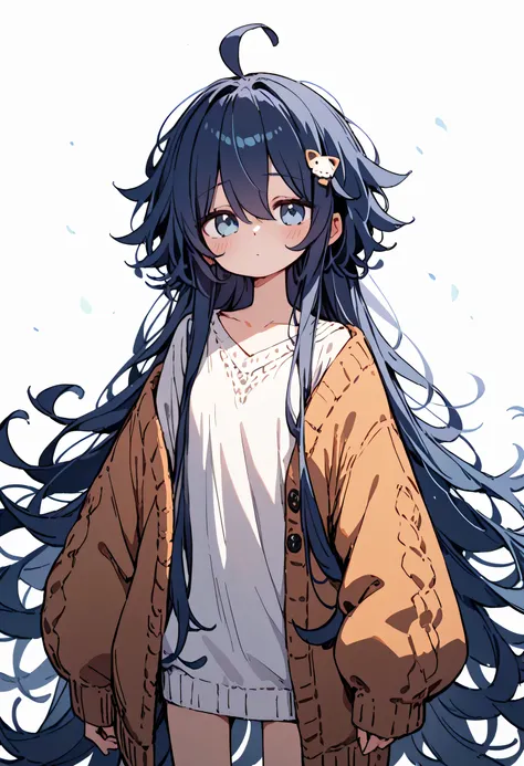 Oversized cardigan, skinny body, very long hair, ahoge, messy hair,  Dark Blue Hair , shy, patient 