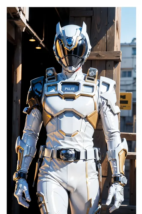 1boy, full body, Illustration, cinematic light, high resolution, best quality, ultra-detailed, masterpiece, power suit, powerranger, suit, spd, (Silver and Gold chest plate), white and gold detail, (((white suit))), ((police theme:1.2)), jetpack, ((high cl...