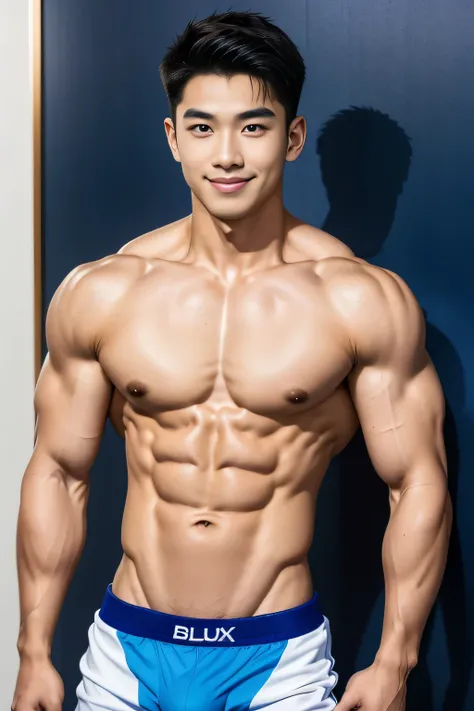 18-year-old male、 Japanese、 handsome、 macho、Strong body、 abs、Pectoral muscles、 shirtless in the lobby、Short Hair、blue sports briefs、 plain background、 big bulging crotch 、Baby Face、 smiles