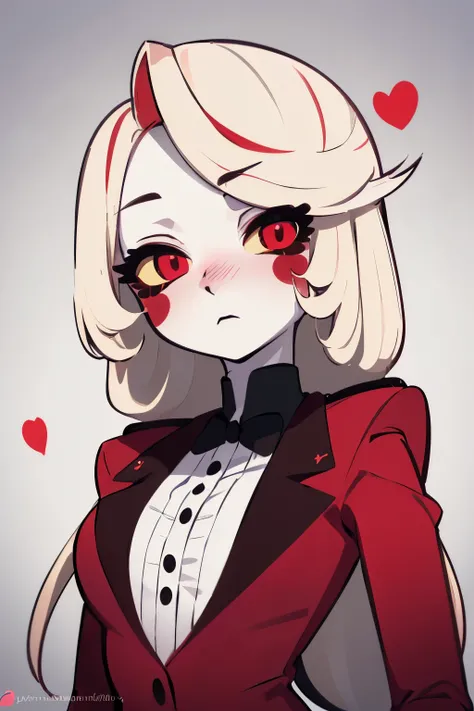 Charlie, RedSuit, (white skin, pure white skin), red eyes, black nails, long hair, (blush stickers:1.2), yellow sclera, (masterpiece:1.2),(closeup-shot:1.2), dark romantic lighting, (highly detailed:1.2), (detailed face:1.2), (full-body shot:1.2), (gradien...