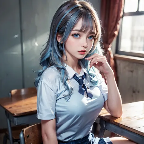 ((masterpiece)), ((best quality)), ((ultra-detailed)),((hyperrealistic)),((shiny skin)),1girl,medium hair,wavy hair,light blue hair,((drill hair)),((light blue eyes)),((tareme)),((big breasts)),,(school uniform: 1.2), (white shirt:1.0),(portrait:1.0),(red ...