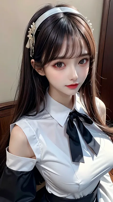 best quality, (photorealistic:1.2), masterpiece, best quality, solo, woman, perfect slim fit body, large sagging breasts, detailed face, face focus, standing, black hair,(hair ornament:1.35),office lady, ribbon-trimmed sleeves, detached sleeves, ribbon tri...