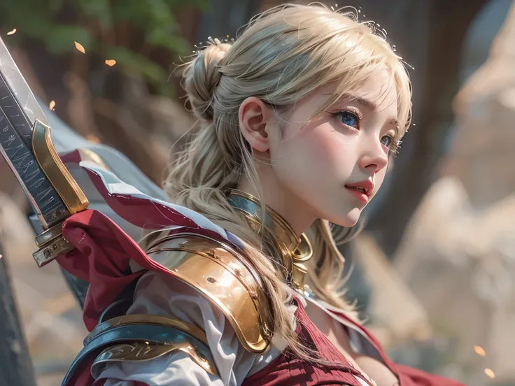 masterpiece, top quality , 8k,  Photorealistic ,  high res,  1 girl, Alone, ( detail face ),  blondes, Transcendental Beautiful Girl , gem、 princess, glowing skin,A red breastplate that is perfectly shaped to the shape of the chest and is made entirely of ...