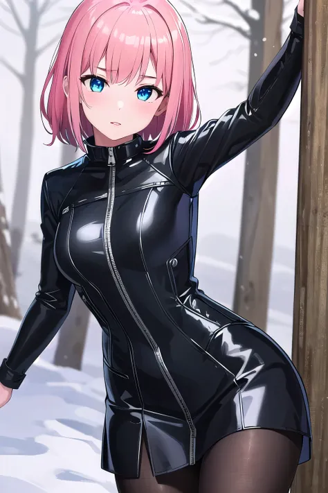 1girl,Samus aran,solo,blue eyes, pink hair, forehead hair, Red velvet bodysuit, black leather jacket, dark green velvet skirt, red stiletto heels, red lip gloss, wavy bob hairstyle, snow-covered forest background, confident and sultry expression, slightly ...