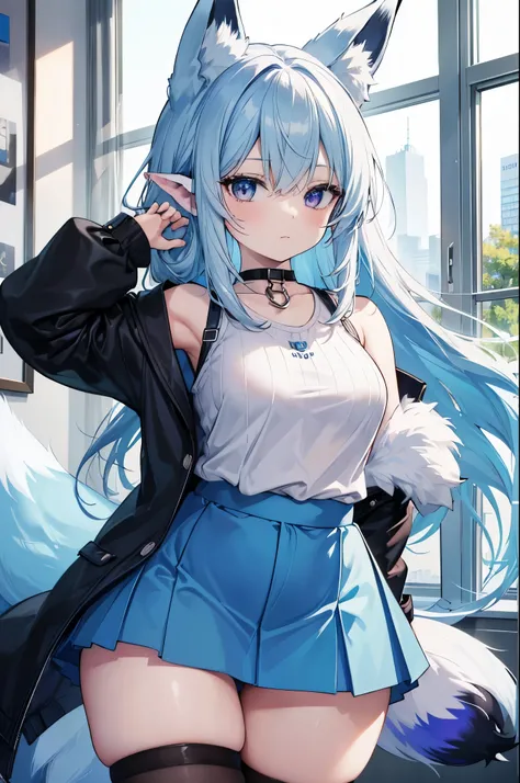 (Best quality at best,8K,A high resolution,tmasterpiece:1.2),Digital artwork, one girl，detailed face，detailed eyes, young woman, light blue hair, (((shoulder-length length straight hair))), cute choker necklace., thigh high socks, (((blue miniskirt))), bla...