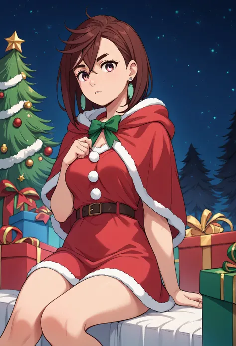 momo ayase, short hair, brown hair, brown eyes, bangs, thick eyebrows, medium breasts, earrings, red sundress, red cloak, sitting, Christmas theme, big pine tree, present boxes, starry night, simple background