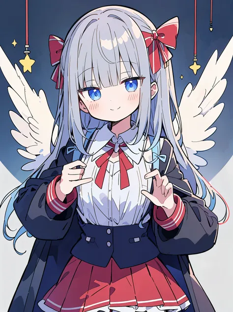 , colorful,(masterpiece:1,2),  top quality, masterpiece,  high-resolution , original,  highly detailed wallpaper ,  1 girl , Smile, unique ,  Grey Hair,  blue eyes, original_clothing, red cape , White Skirt, Chest, uniform, large Chest