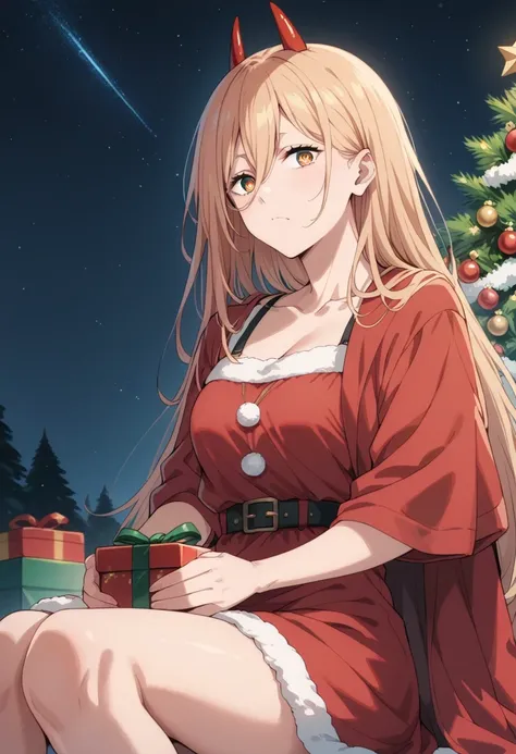 score_9, score_8_up, score_7_up, score_6_up, score_5_up, score_4_up,source_anime,1girl, p0w3r0x1, long hair, blonde hair, red horns,demon pupils, red sundress, red cloak, sitting, Christmas theme, big pine tree, present boxes, starry night, simple backgrou...