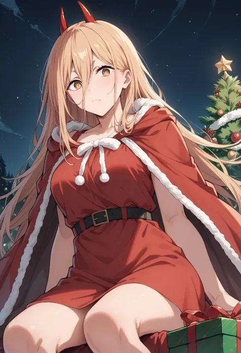 score_9, score_8_up, score_7_up, score_6_up, score_5_up, score_4_up,source_anime,1girl, p0w3r0x1, long hair, blonde hair, red horns,demon pupils, red sundress, red cloak, sitting, Christmas theme, big pine tree, present boxes, starry night, simple backgrou...