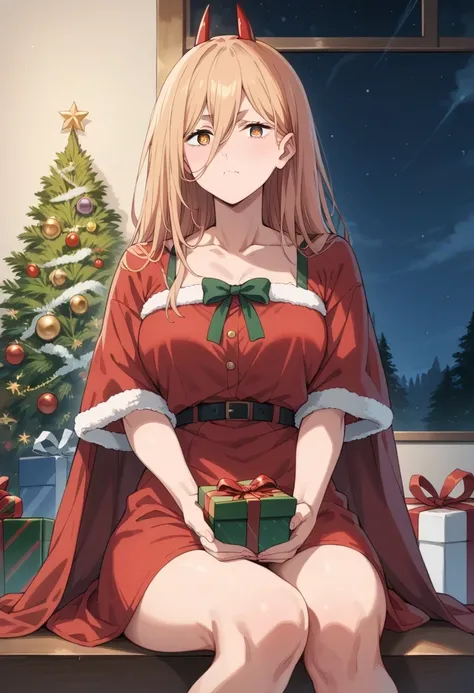 score_9, score_8_up, score_7_up, score_6_up, score_5_up, score_4_up,source_anime,1girl, p0w3r0x1, long hair, blonde hair, red horns,demon pupils, red sundress, red cloak, sitting, Christmas theme, big pine tree, present boxes, starry night, simple backgrou...