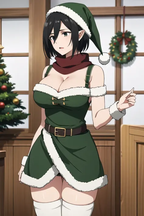 masterpiece, best quality, highres, hmmikasa, short hair, black eyes, red scarf, Green christmas elf dress with white fur trim, green christmas elf hat with a white fur trim, CLEAVAGE, black belt with a gold buckle, black knee high boots, White thigh high ...