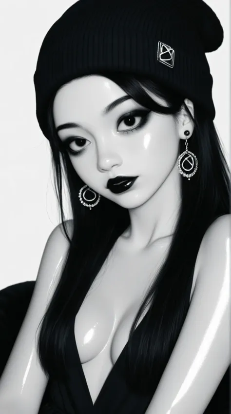 1girl, young asian, goth teen, beanie, black lipstick, long black hair, bangs, dress, plunging neckline, makeup, monochrome, white background, earrings, cleavage, jewelry, upper body, spot color, hair over shoulder,dark theme,shiny,shiny skin, black backgr...