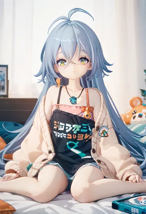 oversized cardigan, skinny body, flat chest, ((miniskirt:1.2))、Put on clothes , very long hair, ahoge, crossed bangs、Indigo Hair、round face、 is short、Baby Face,  wariza, ((Looking up:0.5))