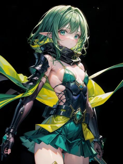 anime, best quality, extremely detailed, masterpiece, ultra high res, girl, Fairy Wings, elf, Raw feet, small breasts, hime cut, emerald green hair, wavy hair, kimono ninja costume, scarf, microskirt, cloak, (armor:1.3), jewelry, looking at viewer, wind
