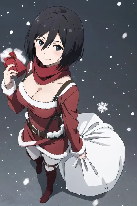 masterpiece, best quality, highres, hmmikasa, short hair, black eyes, red scarf, santa outfit, snowy background, anime style, aurora, snowing, holding bags of presents, looked from above, smiling, BLACK EYES, CLEAVAGE