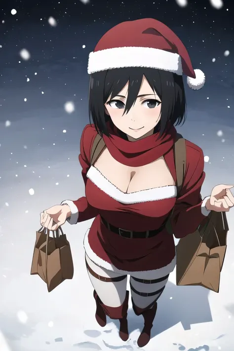 masterpiece, best quality, highres, hmmikasa, short hair, black eyes, red scarf, santa outfit, snowy background, anime style, aurora, snowing, holding bags of presents, looked from above, smiling, BLACK EYES, CLEAVAGE