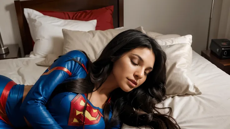 Super women sleeping, black long hair, super man costume, beautiful face, in a bed