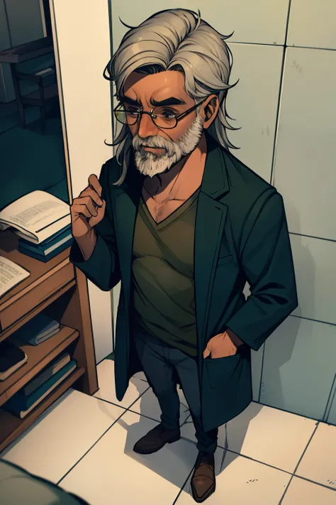 indiano skinned old man , with long gray hair, long gray beard , glasses, brown eyes, Wearing a green t-shirt, wearing brown overcoat , jeans and brown shoes.