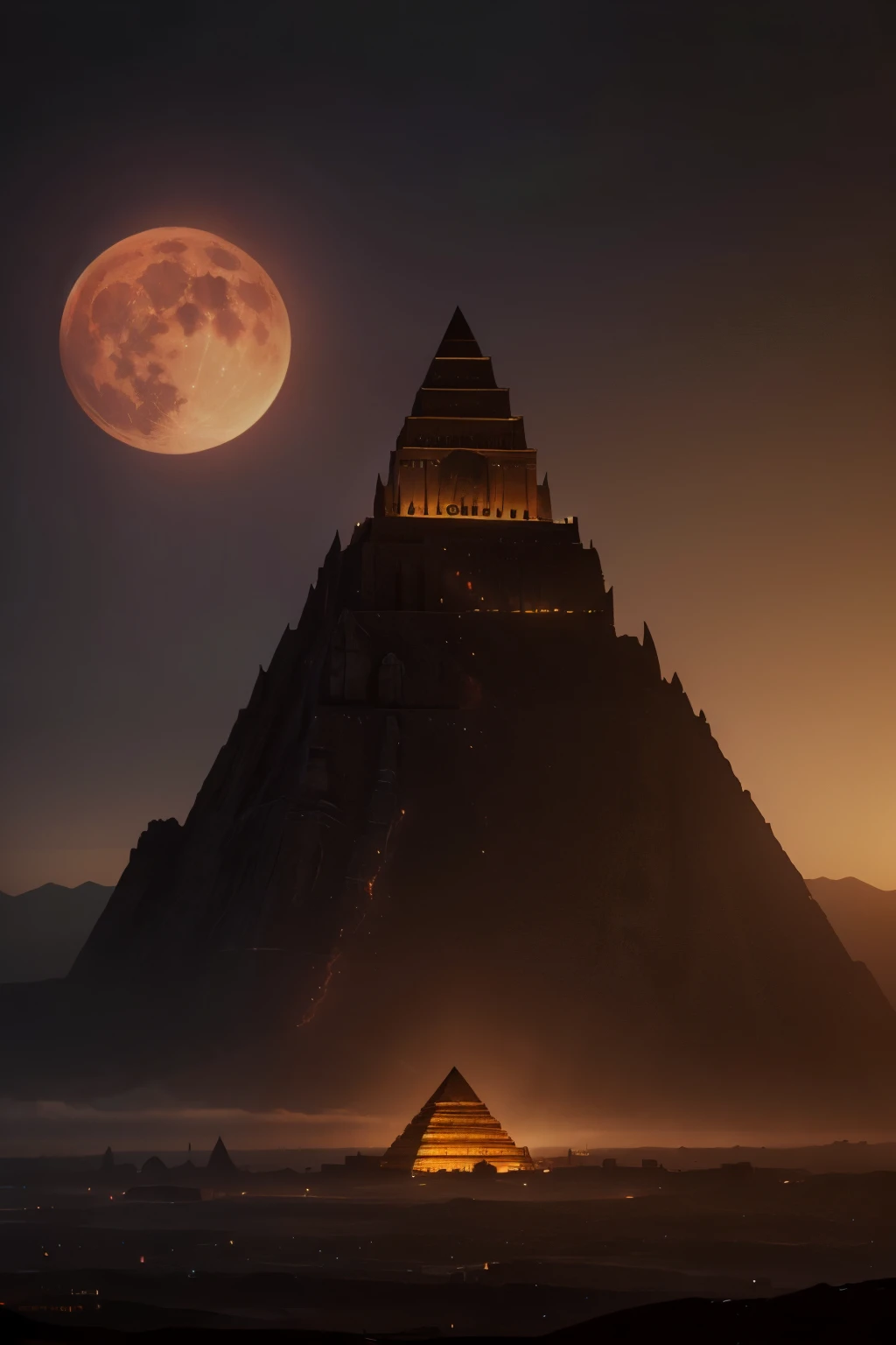 a close up of a red moon on a mountain with a sky background, amazing d & d dark sun art, blood city, egiptian ancient golden city luciferico, demon city, golden egiptian buildings, golden pyramids, babilonian social performance, Sodom and Gomorrah aesthet...