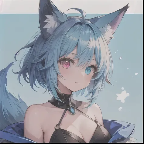 woman, blue hair, fox ears, heterochromia, medium hair