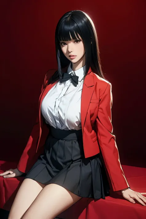 sit in tropical rainforest , steam , waistband of skirt is at the point above chest , Tight shirt , white Shirt , school girl , skirt under breasts , skirt is near breasts area , skirt is adjacent to the chest , jabami yumeko, black hair, long hair, blunt ...