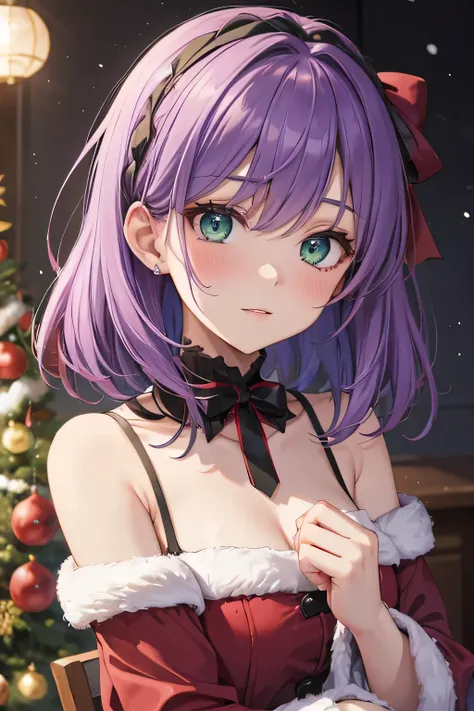 Fille, cheveux courts, purple colored hair, green eyes, grâce, Noël, habillée Noël 