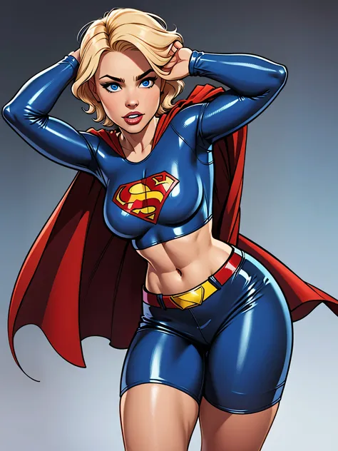 Blonde girl with short hair and blue eyes, wearing a blue latex shirt with the Superman symbol, shirt wearing Pants blue latex shorts Wearing a red cape