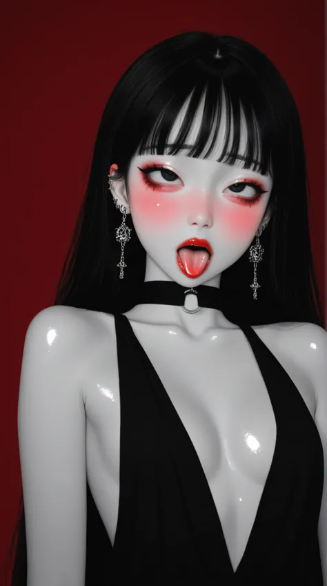 young korean girl, goth teen, kpop idol, petite, red lipstick, long black hair, bangs, black dress, plunging neckline, makeup, no background, black background, red background, earrings, cleavage, jewelry, upper body, spot color, hair over shoulder,dark the...