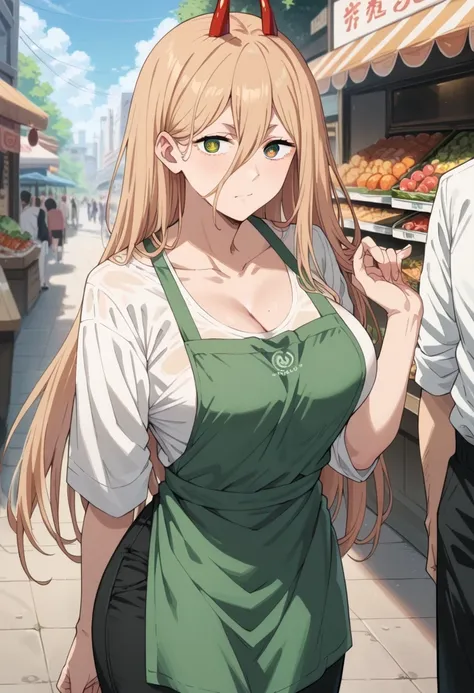 score_9, score_8_up, score_7_up, score_6_up, score_5_up, score_4_up,source_anime,1girl, p0w3r0x1, long hair, blonde hair, red horns,demon pupils, CLEAVAGE, (white shirt:1.2), (green apron:1.2), (black pants:1.2), market scenery, CLEAVAGE, LARGE BREASTS,