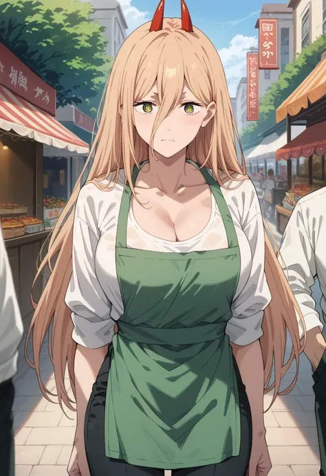 score_9, score_8_up, score_7_up, score_6_up, score_5_up, score_4_up,source_anime,1girl, p0w3r0x1, long hair, blonde hair, red horns,demon pupils, CLEAVAGE, (white shirt:1.2), (green apron:1.2), (black pants:1.2), market scenery, CLEAVAGE, LARGE BREASTS,