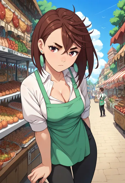 momo ayase, short hair, brown hair, brown eyes, bangs, thick eyebrows, medium breasts, earrings, (white shirt:1.2), (green apron:1.2), (black pants:1.2), market scenery, CLEAVAGE,