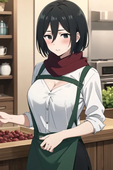 masterpiece, best quality, highres, hmmikasa, short hair, black eyes, scarf, red scarf, large breast, eyelashes, (white shirt:1.2), (green apron:1.2), (black pants:1.2), market scenery, CLEAVAGE, BLACK HAIR, BLACK EYES, blush