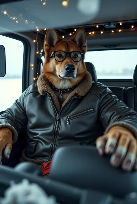 (((Big muscular Shepard in black glasses and in leather jacket, with fur collar))),  dog looking from window,  in big jeep chinese bad ass car  in Russian xmas ornament, riding on frozen sea, throttle engine  (((full frame)))