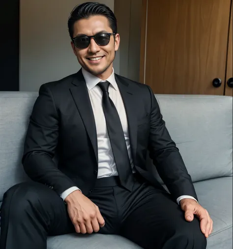  40 year old handsome, One Man,、  muscular、Kosaka Ikuo。  black suit ,black tie、  black slim pants 、Short Hair　、office、 sits on the sofa、  black suit、black tie、  black slim pants 、  upper body lift with an emphasis on facial expression　Kosaka Ikuo 　front　 s...