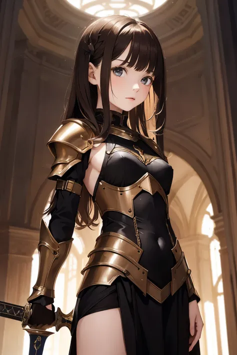 masterpiece,(1girl,Age 15,petites),pale skin, bangs,brown hair,halo,dark armored dress,sword,nsfw