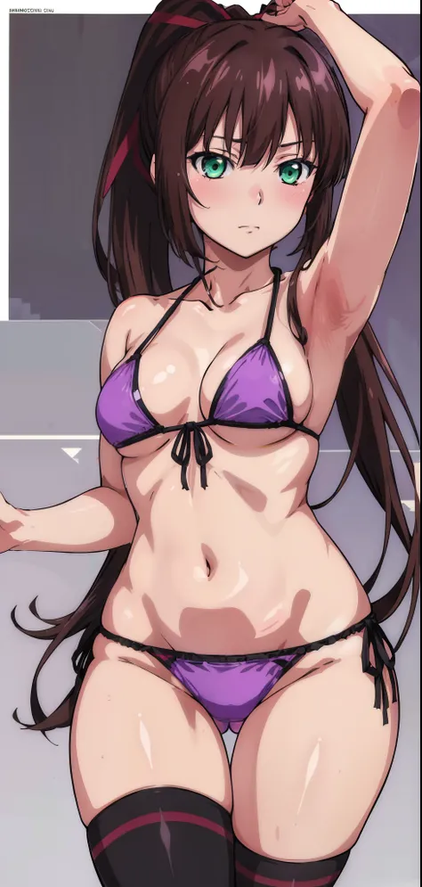 masterpiece, best quality,1girl,solo,kirasaka sayaka,brown hair,long hair,ponytail, hair ribbon, green eyes,,purple thighhighs, wariza, (bikini). Manga panels. MangaHentaiStyleConceptv2