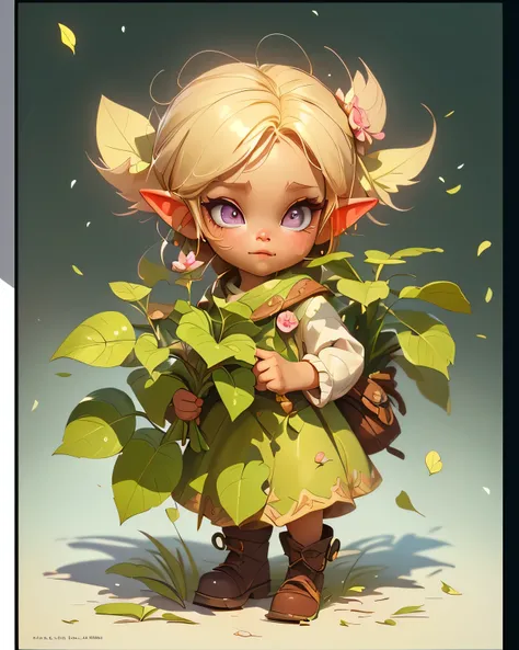 painting of a  with a bunch of leaves in her hand, adorable digital painting, little elf girl, cute digital art, lalafell, elf girl, cute forest creature, beautiful character painting, artwork in the style of guweiz, pixie character, mark ryden style, mark...