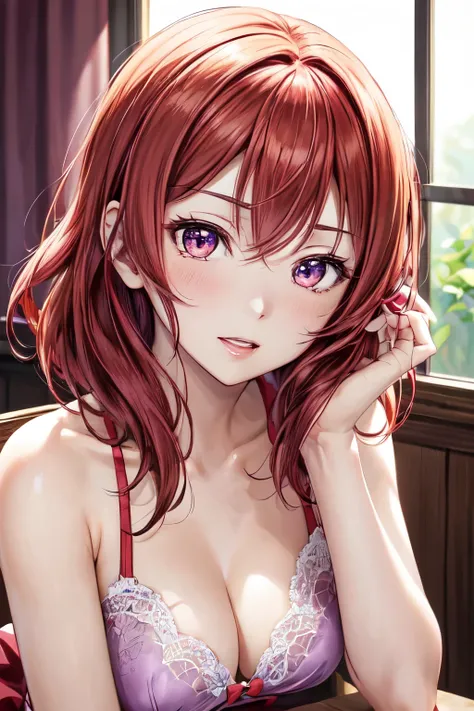 maki nishikino  from Love Live school idol project, purple eyes, beautiful face,detailed eyes, clarity eyes, short haircut , red hair, little hair, perfect hands, perfect light 