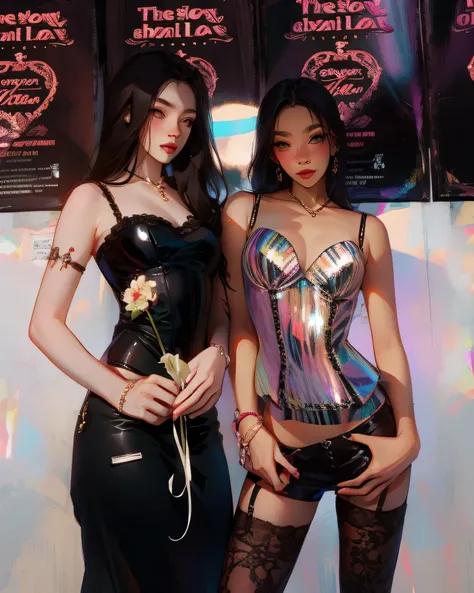 two women in lingersuits standing next to each other, two models in the frame, bella poarch, very tight corset, posing together in bra, pixivs and junji ito, corset, inspired by Wang Duo, wearing corset, y2k style, y 2 k style, nixeu and sakimichan, y 2 k ...