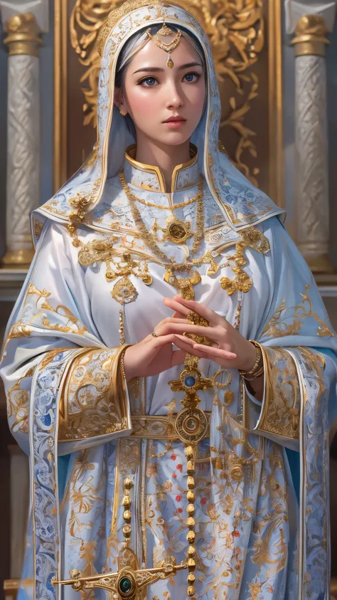 (( top quality )),( super high res),( super detailed ),( detailed description ),(( best CG )),( Best Artwork ), Ultra Precision Art, Amazing Painting Art ,(Exquisite art:1.5), Female Pope, Rosary, solemn , Solemn, honest, grade,