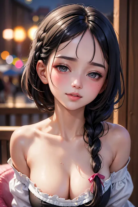 Amazing portrait of a sexy and cute woman in love with her black hair braided as she blushes deep during night time with soft lighting showcasing her seductive and soft eyes and her pink lips which are parted in a seductive smile and her long neck and coll...