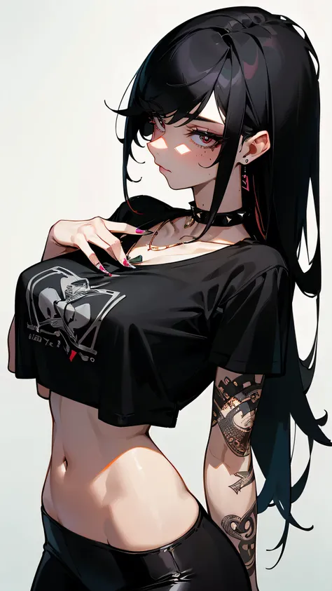 ((Long Straight Black hair)), Perfect face, Choker, Punk earrings, ((Tall)), ((High Quality)), Necklace, ((Mature)), Sharp Nails, ((1 Girl)), ((Multiple Earrings)), Spiky Earrings, Adult, Spiked Collar, ((High Leggings)), ((Black T-Shirt)), Vibrant Colors,...