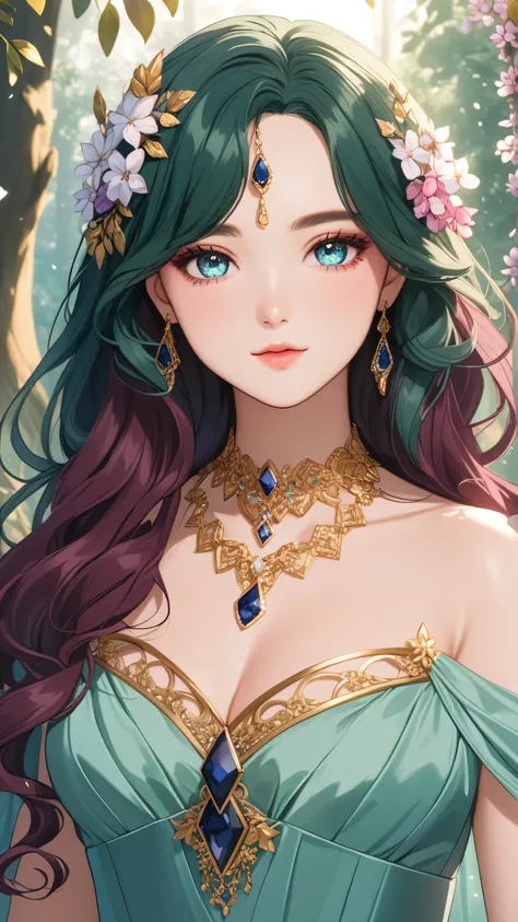 1girl, (pale aqua blue eyes), detailed eyes, (dark forest green hair), dark green hair, pale skin, soft blush makeup, long wavy hair, hexagon-shaped sapphire necklace, elegant dress with burgundy satin fabric, dress with gold border, anime, 2D, detailed, f...